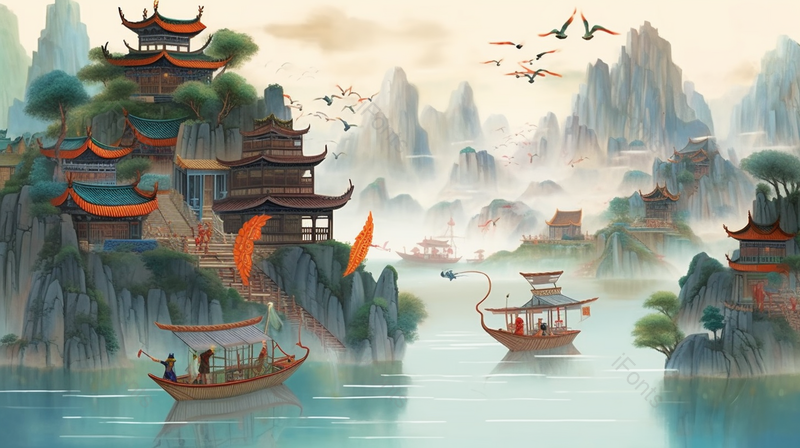 中国风建筑山林湖泊意境自然美景,插画/手绘图,插画/手绘图库,插画/手绘图下载,插画/手绘